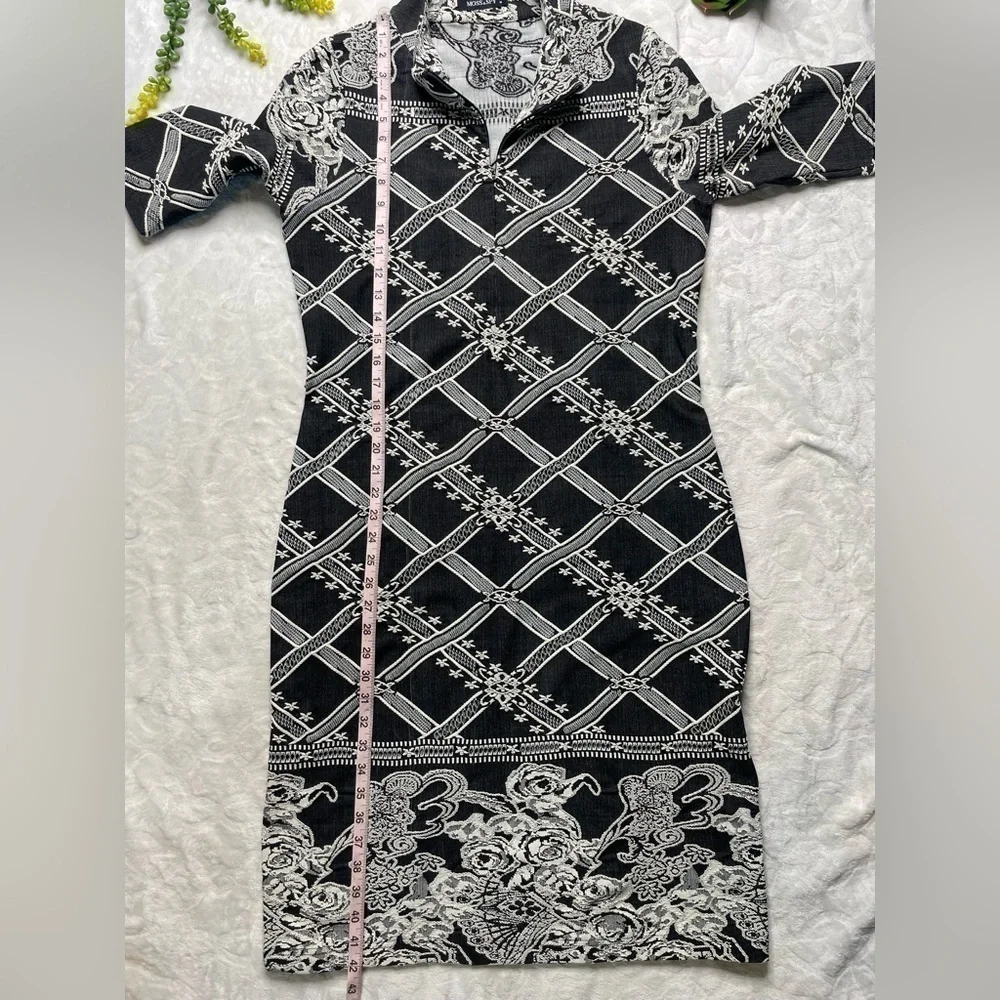 Moss & Spy Stretch Jacquard Embroidered 3/4 Sleeve Midi Dress in Black White 12